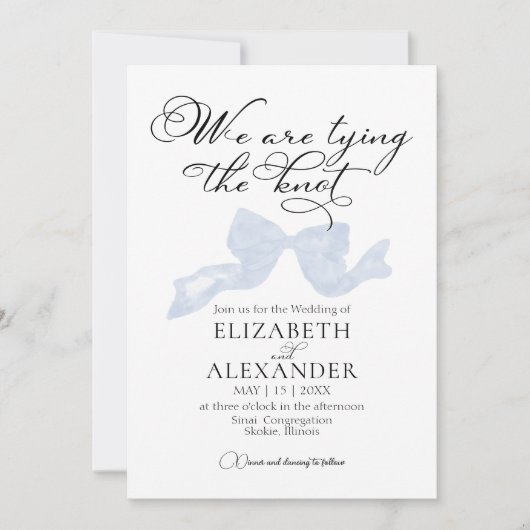 We binden de knoop | Blauwe strik bruiloft Kaart (Voorkant)