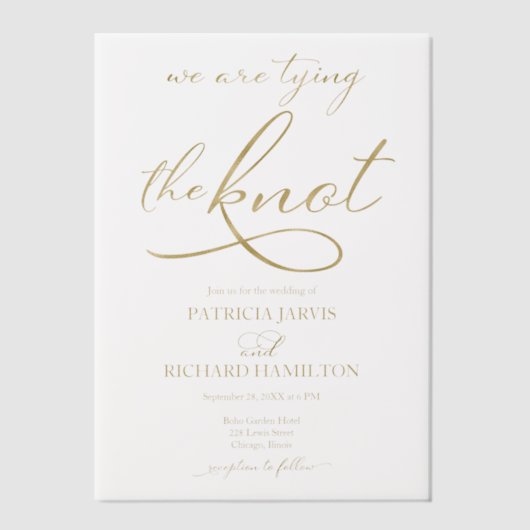 We binden de knoop gouden script bruiloft vellum uitnodigingen (Voorkant)