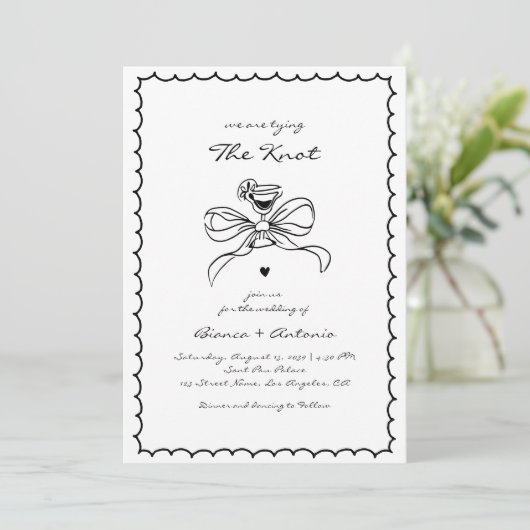 We binden de knoop hand getrokken cocktail bruilof kaart (Staand voorkant)