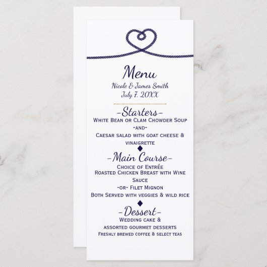 We binden de knoop Nautical Beach Wedding Menu (Voorkant / Achterkant)