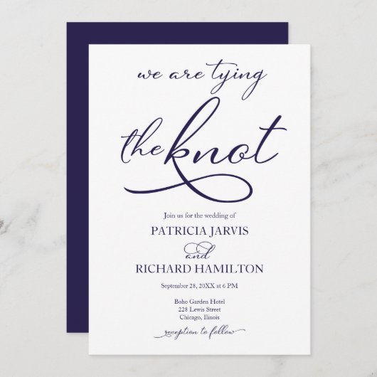 We binden de knoop Navy Blue Script bruiloft Kaart (Voorkant / Achterkant)