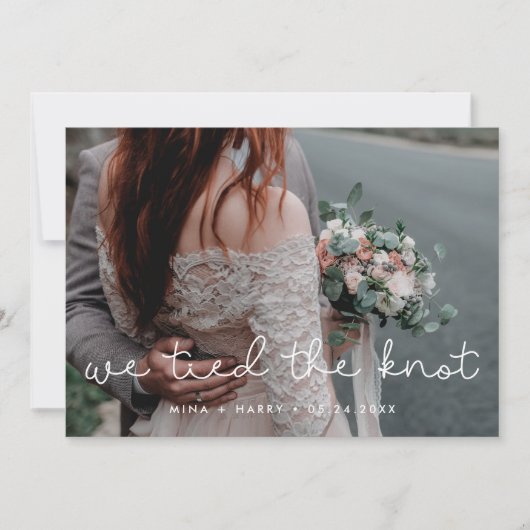 We bond de knoop Leuk script bruiloft fotokaart Aankondiging (Voorkant)