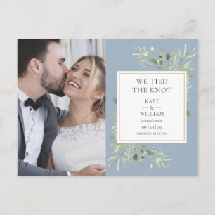 We bonden de knoop groen stoffige blauwe foto brui aankondigingskaart