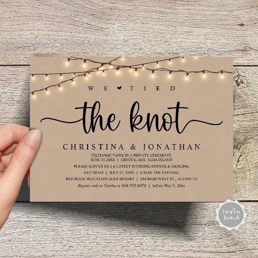 We bonden de knoop, rustieke bruiloft diner elopem kaart