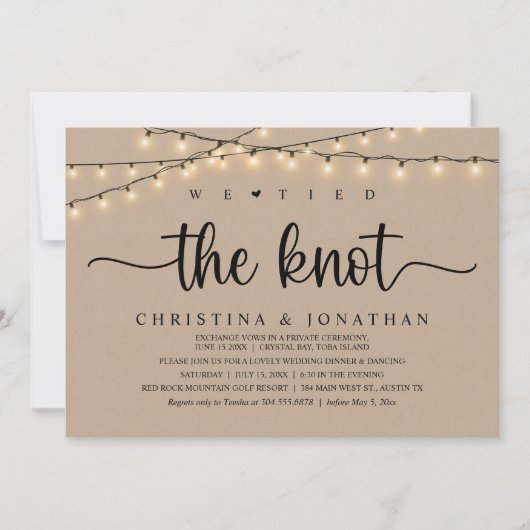 We bonden de knoop, rustieke bruiloft diner elopem kaart (Voorkant)