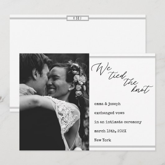 "We bonden de knoop" Trouwnieuws elegante klassiek Aankondiging (Voorkant / Achterkant)