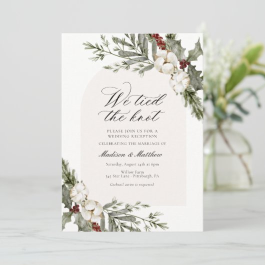 We bonden de knoop winter bruiloft receptie kaart (Staand voorkant)