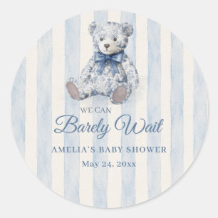 We Can Barely Wait Blauwe Teddybeer Baby Shower Ronde Sticker