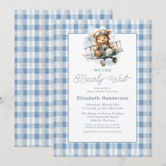 We Can Bearly Wait Airplane Baby Shower  Kaart (Voorkant / Achterkant)