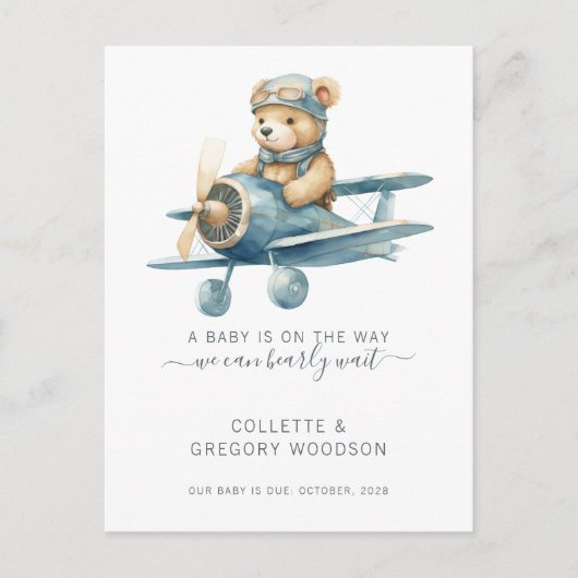We Can Bearly Wait Baby Bear In Biplane Pregnancy Aankondigingskaart (Voorkant)