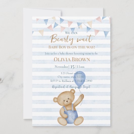 We Can Bearly Wait Baby Boy Shower Invitation Kaart (Voorkant)