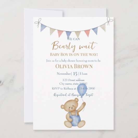 We Can Bearly Wait Baby Boy Shower Invitation Kaart (Voorkant)