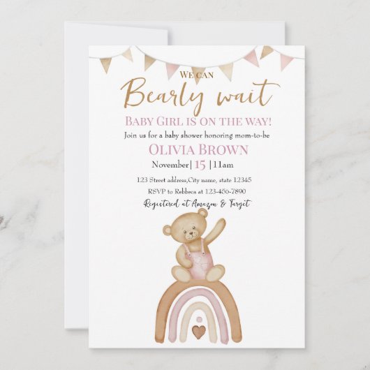 We Can Bearly Wait Baby Girl Shower Invitation Kaart (Voorkant)