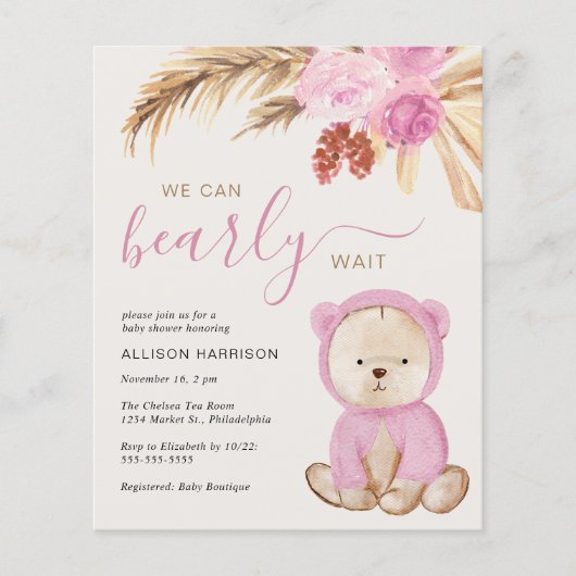 We Can Bearly Wait Baby Girl Uitnodiging (Voorkant)