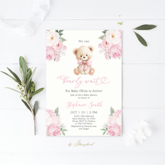 We can Bearly wait Baby Shower Girl Invitation Kaart