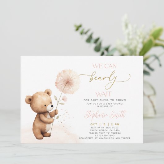 We can bearly wait Baby Shower meisje uitnodiging (Staand voorkant)