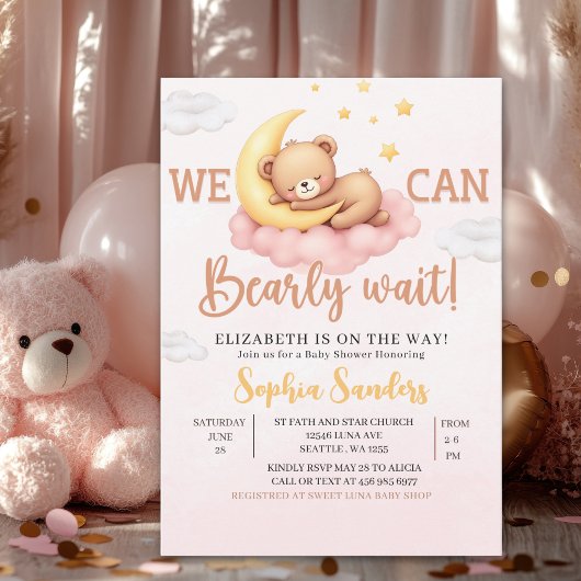 We Can Bearly Wait Baby Shower Pink Bear Kaart