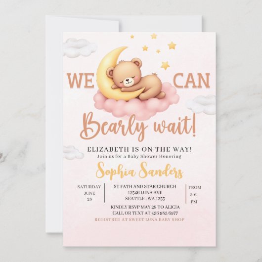 We Can Bearly Wait Baby Shower Pink Bear Kaart (Voorkant)