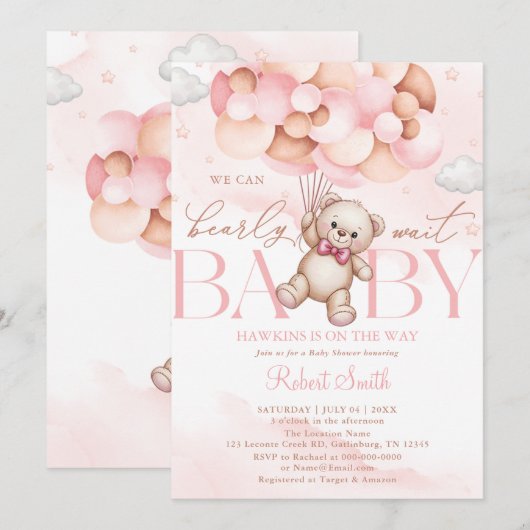 We Can Bearly Wait Balloon Bear Baby Shower Kaart (Voorkant / Achterkant)