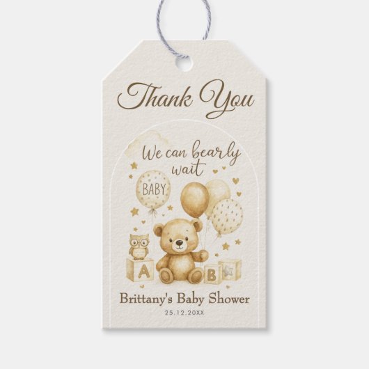 We Can Bearly Wait Bear Baby Shower Cadeaulabel (Voorkant)