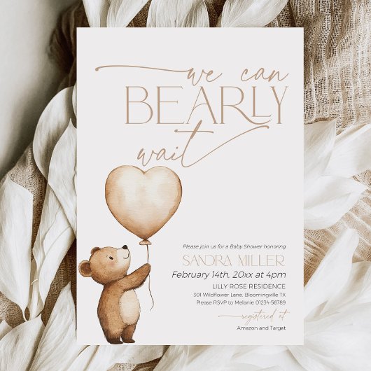 We Can Bearly Wait Bear Balloon Baby Shower Kaart