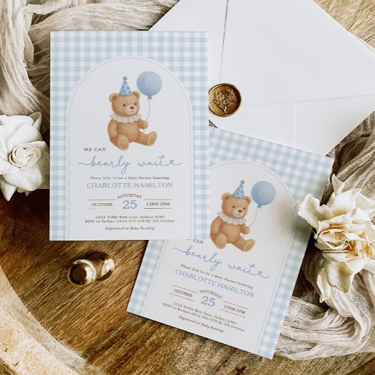 We Can Bearly Wait Bear Balloon Boy Baby Shower Kaart