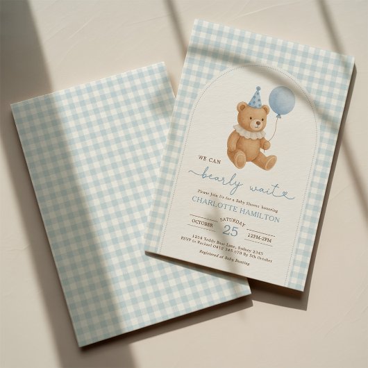 We Can Bearly Wait Bear Balloon Boy Baby Shower Kaart
