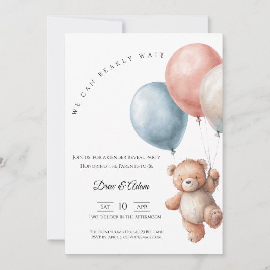 We Can Bearly Wait Bear Balloons Gender Reveal Kaart (Voorkant)