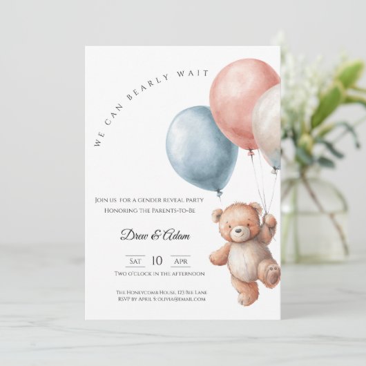 We Can Bearly Wait Bear Balloons Gender Reveal Kaart (Staand voorkant)