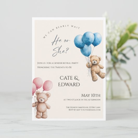 We Can Bearly Wait Bear Balloons Gender Reveal Kaart (Staand voorkant)