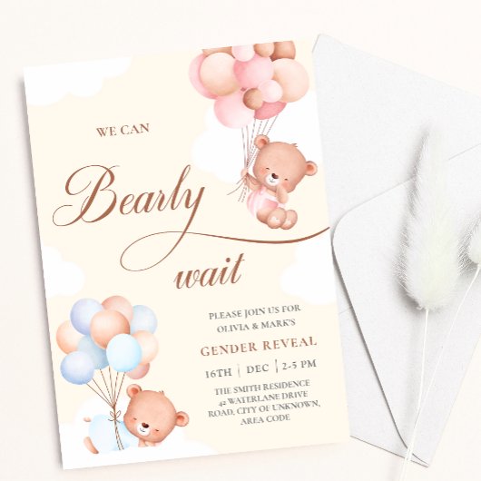 We Can Bearly Wait Bear Balloons Gender Reveal  Kaart