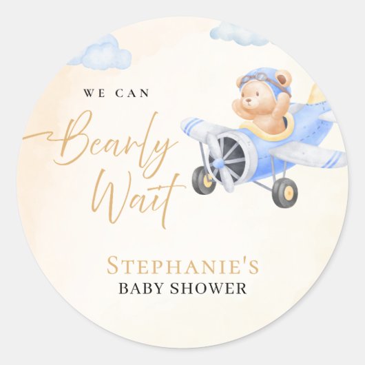 We Can Bearly Wait, Bear in Plane Baby Shower Ronde Sticker (Voorkant)