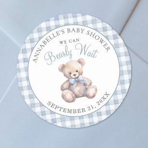 We Can Bearly Wait Blauwe Beer Babyshower Ronde Sticker