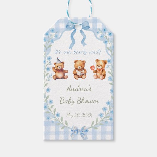 We Can Bearly Wait Blauwe Gingham Baby Shower Cadeaulabel (Voorkant)