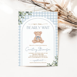 We Can Bearly Wait Blauwe Gingham Baby Shower Kaart