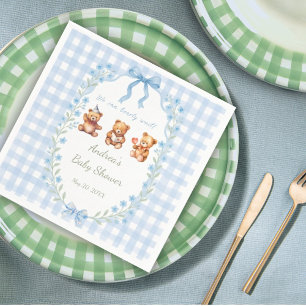 We Can Bearly Wait Blauwe Gingham Baby Shower Servet