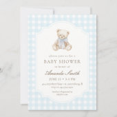 We Can Bearly Wait Blauwe Gingham Teddybeer Baby Kaart (Voorkant)