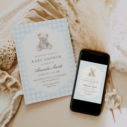 We Can Bearly Wait Blauwe Gingham Teddybeer Baby Kaart