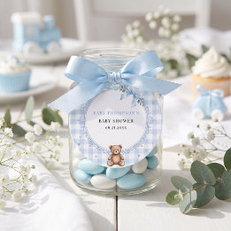 We Can Bearly Wait Blauwe Gingham Teddybeer Bedankjes Labels