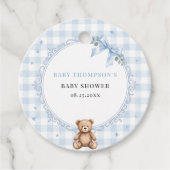 We Can Bearly Wait Blauwe Gingham Teddybeer Bedankjes Labels (Voorkant)
