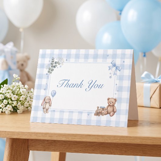 We Can Bearly Wait Blauwe Gingham Teddybeer Bedankkaart