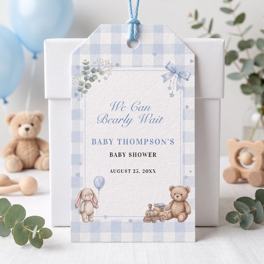 We Can Bearly Wait Blauwe Gingham Teddybeer Cadeaulabel