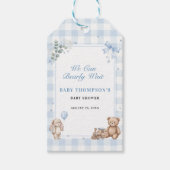 We Can Bearly Wait Blauwe Gingham Teddybeer Cadeaulabel (Voorkant)
