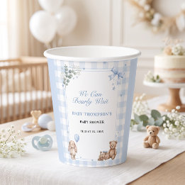 We Can Bearly Wait Blauwe Gingham Teddybeer Papieren Bekers