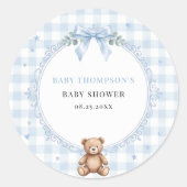 We Can Bearly Wait Blauwe Gingham Teddybeer Ronde Sticker (Voorkant)