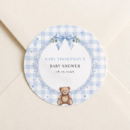 We Can Bearly Wait Blauwe Gingham Teddybeer Ronde Sticker