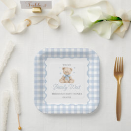 We Can Bearly Wait Blauwe Teddibeer Baby Shower Papieren Bordje