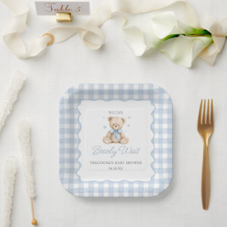 We Can Bearly Wait Blauwe Teddibeer Baby Shower Papieren Bordje