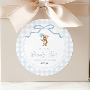 We Can Bearly Wait Blauwe Teddybeer Baby Shower Ronde Sticker