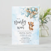 We Can Bearly Wait Blue Balloon Bear Baby Shower  Kaart (Staand voorkant)